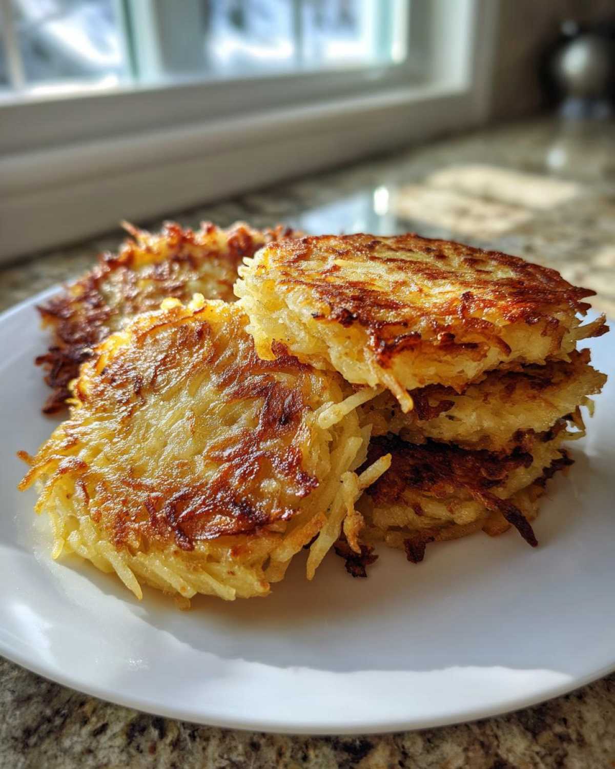 A stack of four golden-brown, crispy German Potato Pancakes resting on a white plate near a sunlit window.
