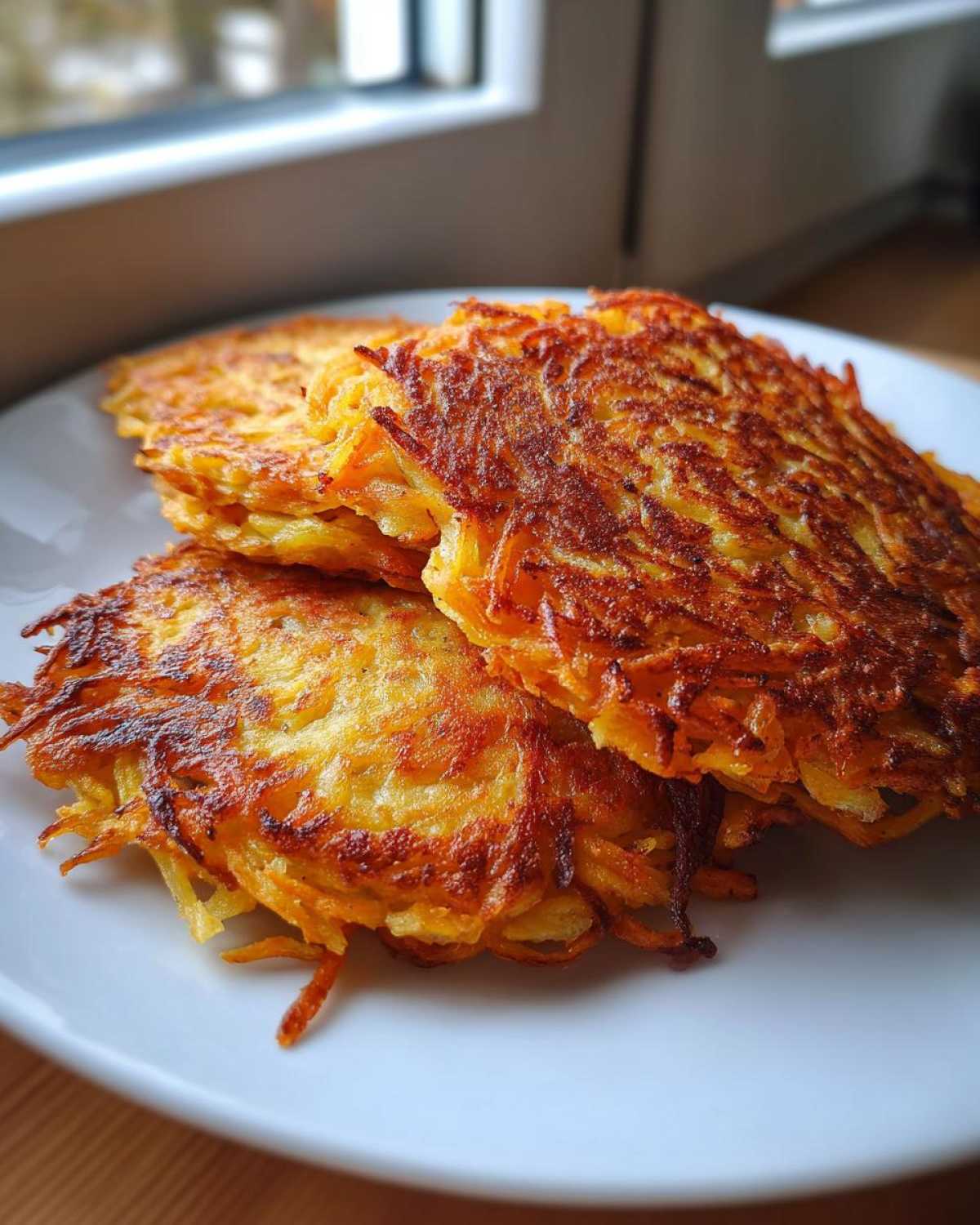 Close-up of three golden-brown, crispy German Potato Pancakes stacked on a white plate near a window.