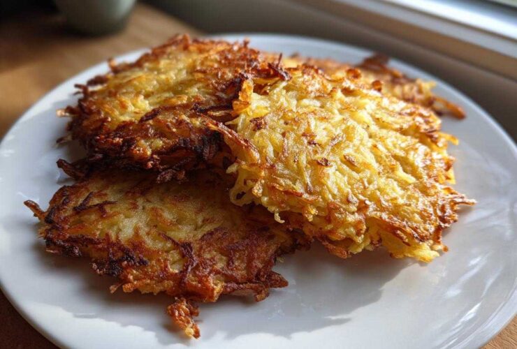 Close-up of several golden-brown, crispy German Potato Pancakes stacked on a white plate, illuminated by natural light.