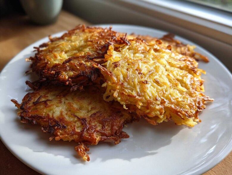 Close-up of several golden-brown, crispy German Potato Pancakes stacked on a white plate, illuminated by natural light.