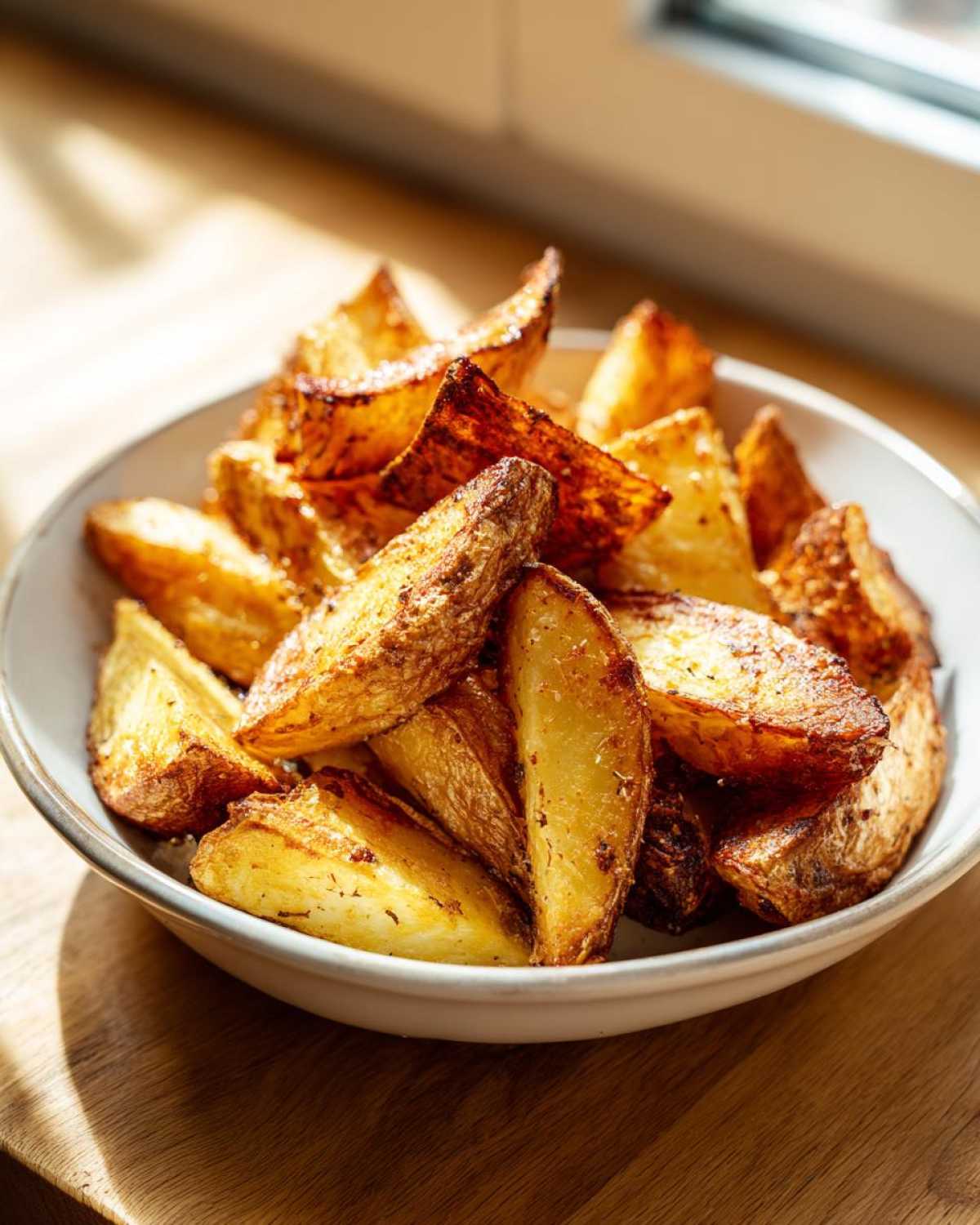 A bowl filled with golden brown, crispy Greek Lemon Potatoes Crispy Roasted Sides wedges, beautifully lit by sunlight.