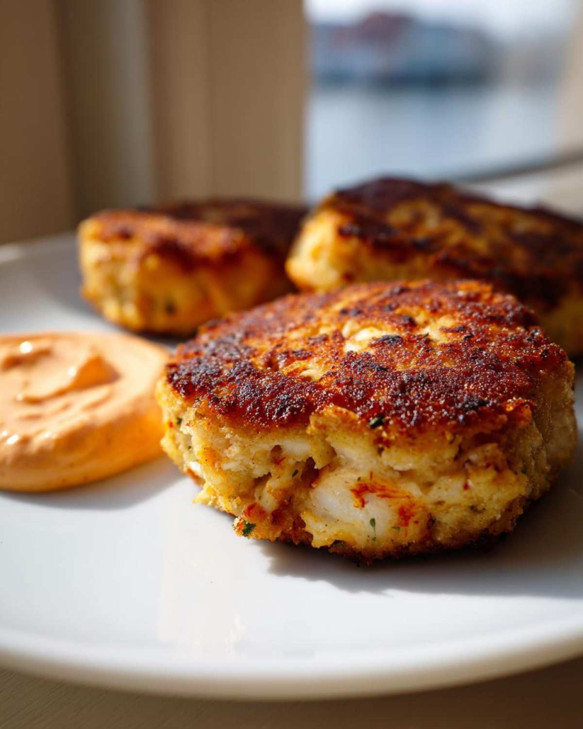 Close-up of a golden-brown, crispy Maryland Crab Cakes served on a white plate next to a dollop of orange remoulade sauce.