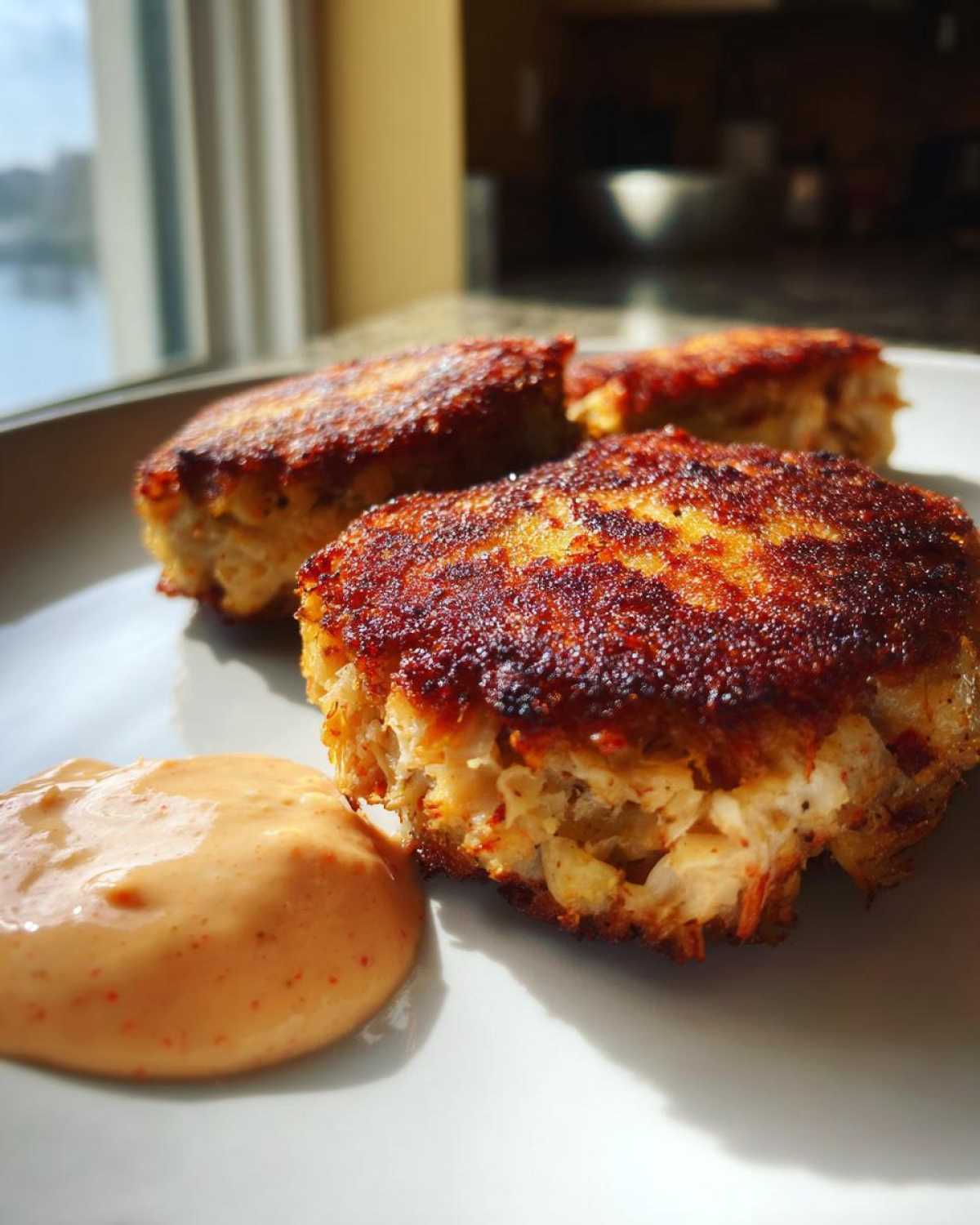 Three golden-brown, crispy Maryland Crab Cakes served on a white plate with a dollop of orange remoulade sauce.
