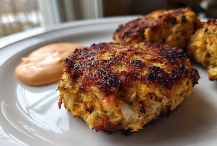 Close-up of a perfectly seared, crispy Maryland Crab Cakes served with a dollop of pinkish Remoulade Sauce.