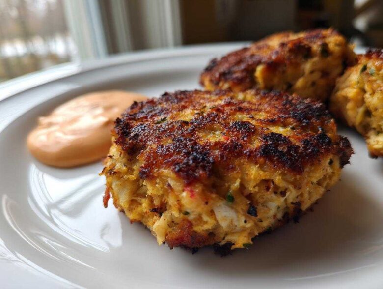 Close-up of a perfectly seared, crispy Maryland Crab Cakes served with a dollop of pinkish Remoulade Sauce.