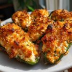Close-up of baked Rattlesnake Bites stuffed with creamy filling and topped with golden, crispy breadcrumbs.