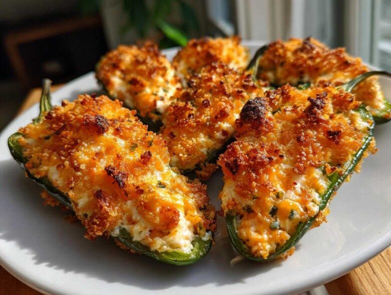 Close-up of baked Rattlesnake Bites stuffed with creamy filling and topped with golden, crispy breadcrumbs.