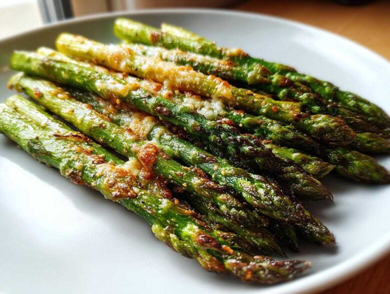 A close-up of perfectly cooked Crispy Roasted Asparagus A Side Dish for Christmas, topped with browned cheese.