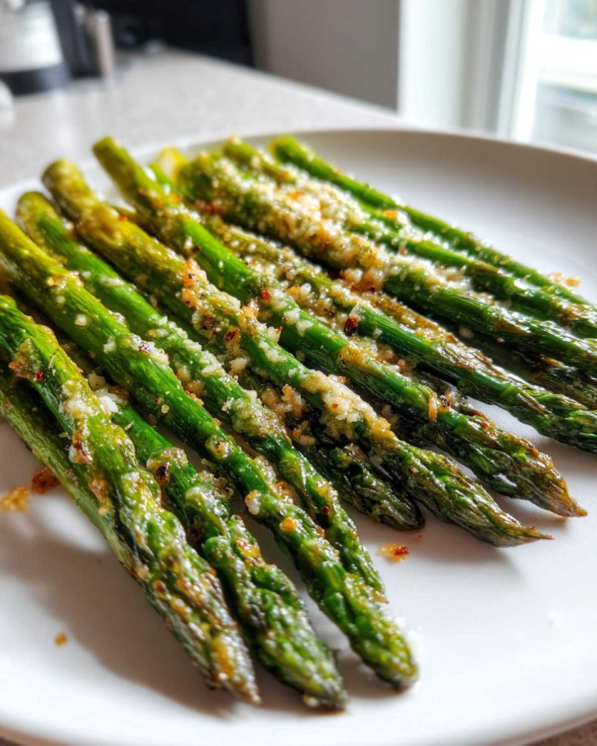 Close-up of bright green Crispy Roasted Asparagus A Side Dish for Christmas topped with melted Parmesan.