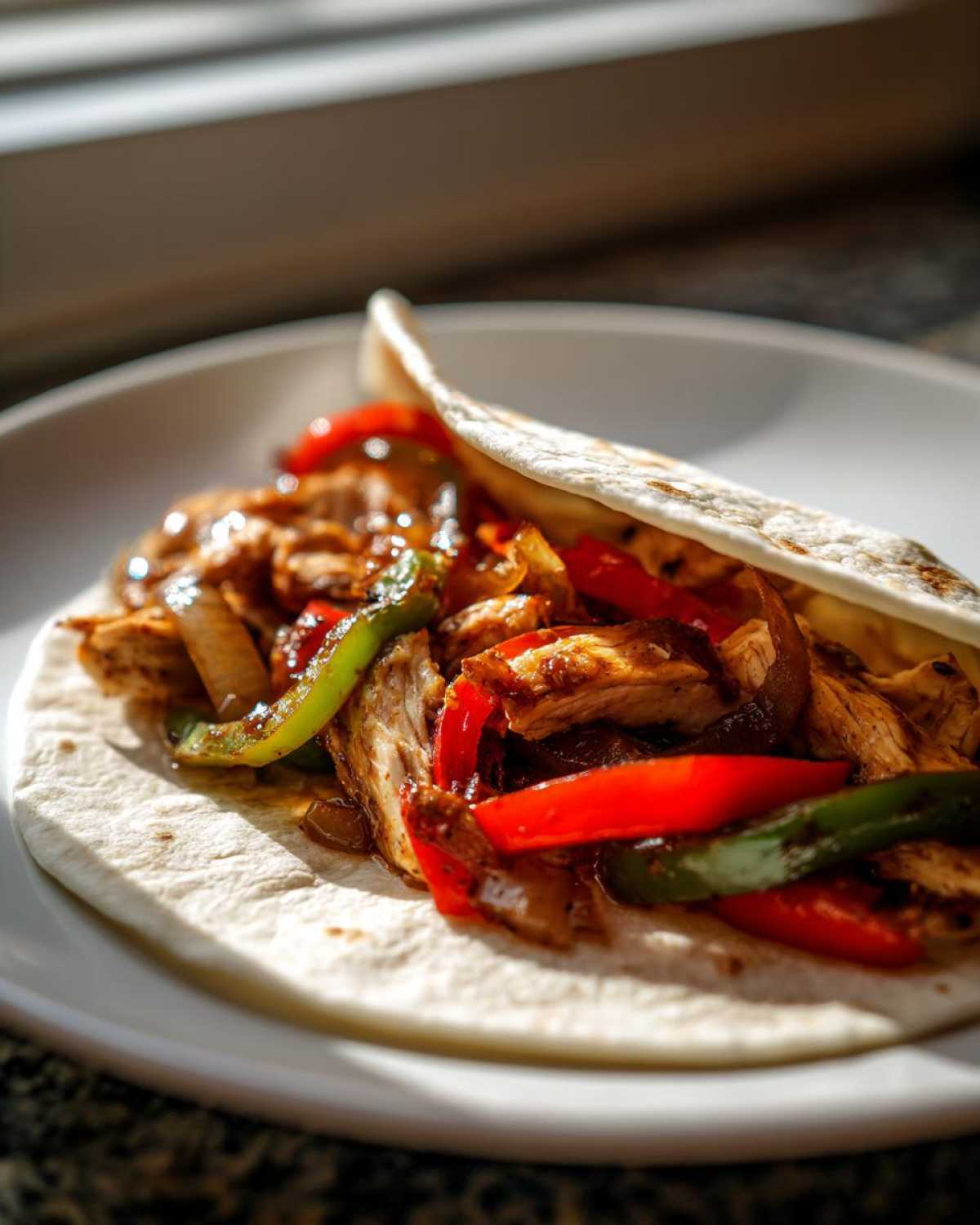 Close-up of a soft tortilla filled with seasoned chicken strips, red bell peppers, green bell peppers, and onions for Crockpot Chicken Fajitas.