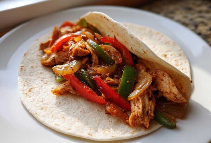 A single serving of Crockpot Chicken Fajitas filling with sliced peppers and onions served in a warm flour tortilla on a white plate.