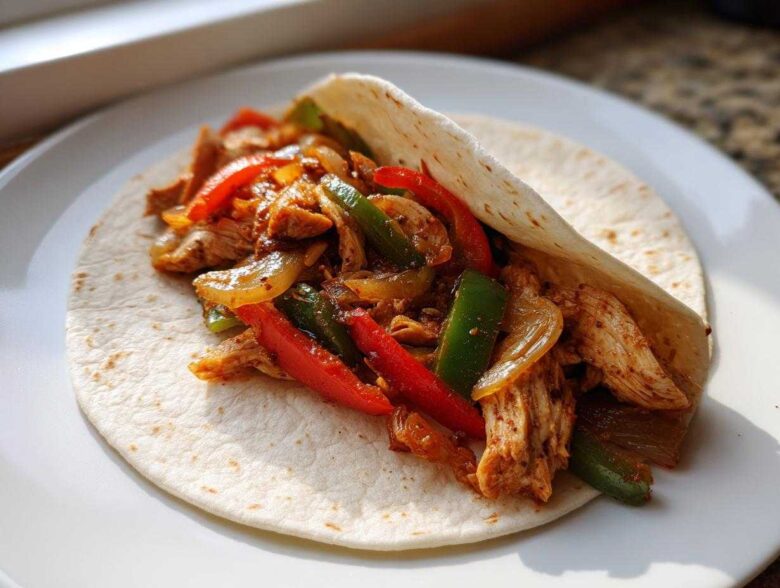 A single serving of Crockpot Chicken Fajitas filling with sliced peppers and onions served in a warm flour tortilla on a white plate.