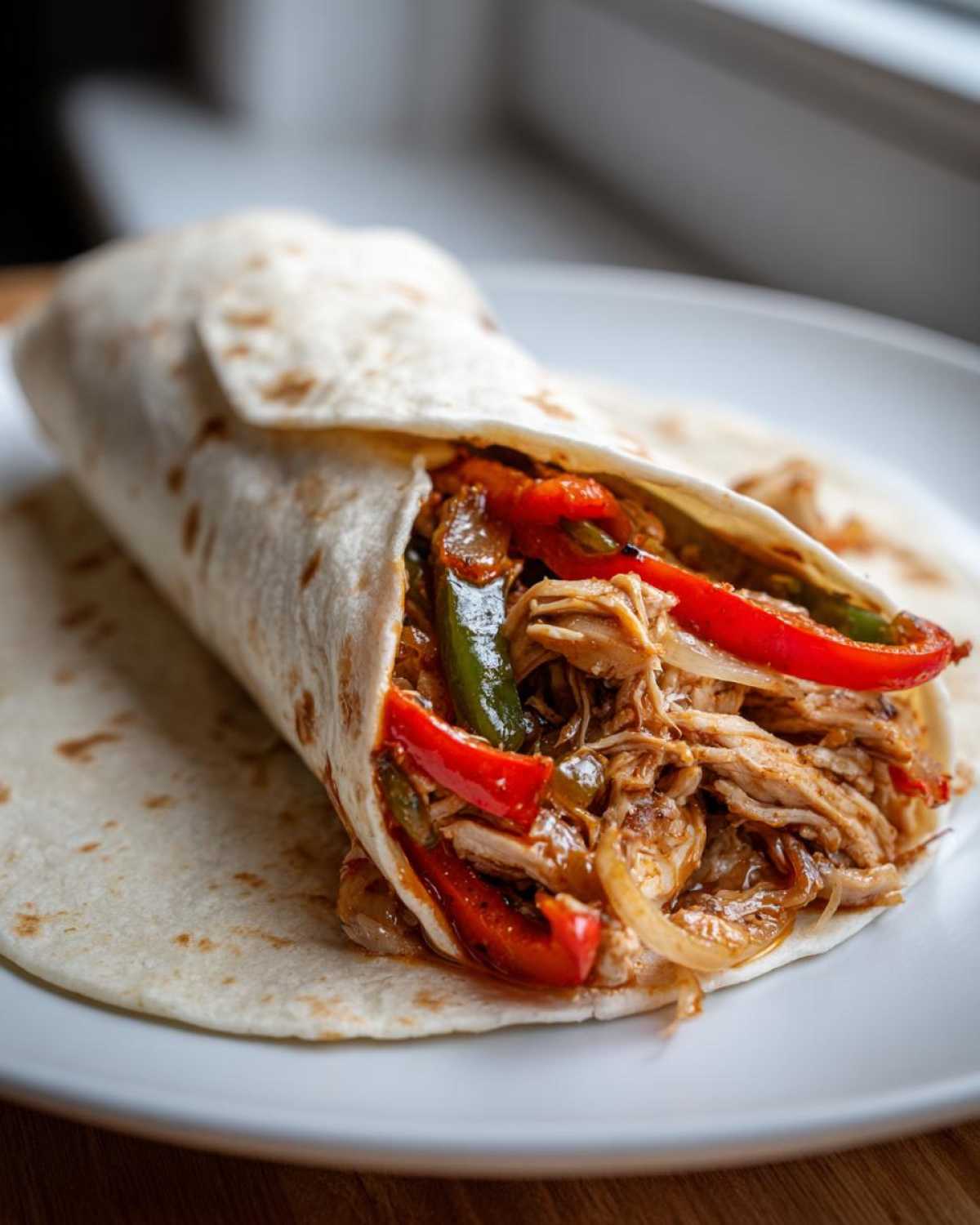 A close-up of a soft tortilla filled with shredded chicken, red peppers, green peppers, and onions for Crockpot Chicken Fajitas.