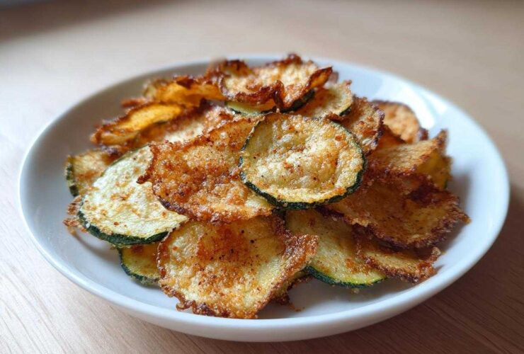 A close-up of a white bowl filled with golden brown, seasoned Crunchy Zucchini Chips.