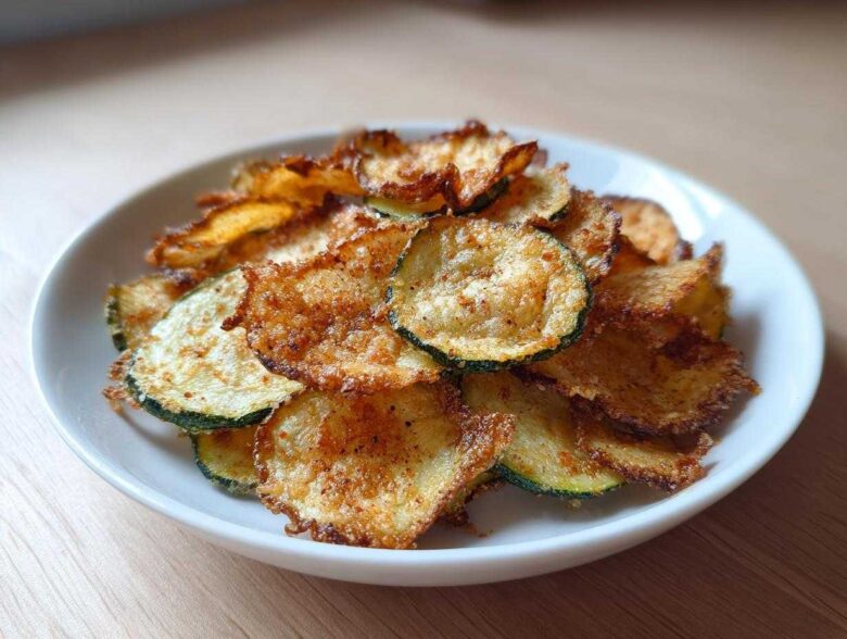 A close-up of a white bowl filled with golden brown, seasoned Crunchy Zucchini Chips.