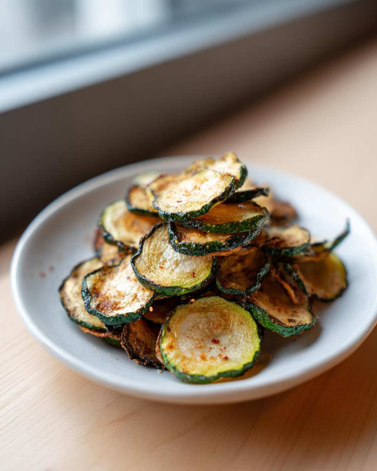 A close-up of a pile of perfectly baked Crunchy Zucchini Chips seasoned with spices, served on a small white plate.