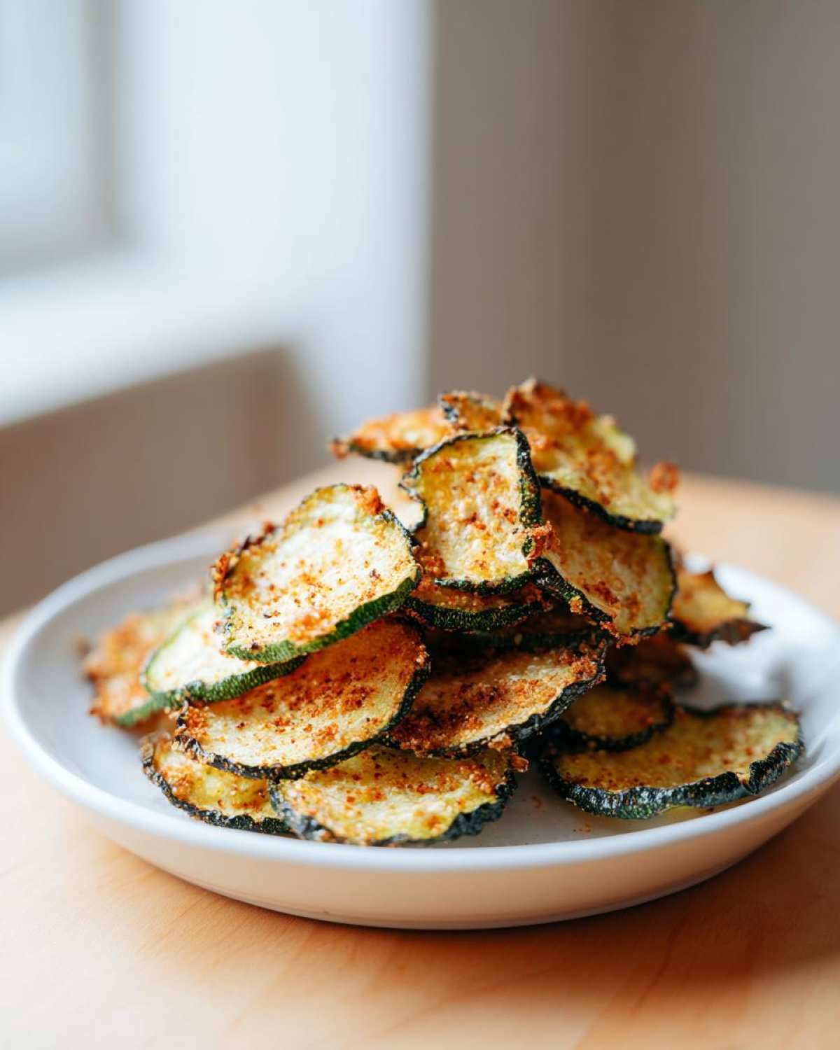 A pile of golden, seasoned Crunchy Zucchini Chips served on a small white plate.