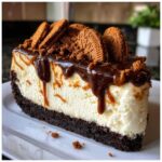 A rich slice of Biscoff Cheesecake with a dark crust, creamy filling, chocolate drizzle, and Biscoff cookies on top.