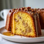 A close-up of a moist slice of Delicious Butter Pecan Pound Cake topped with pecan glaze and chopped nuts.