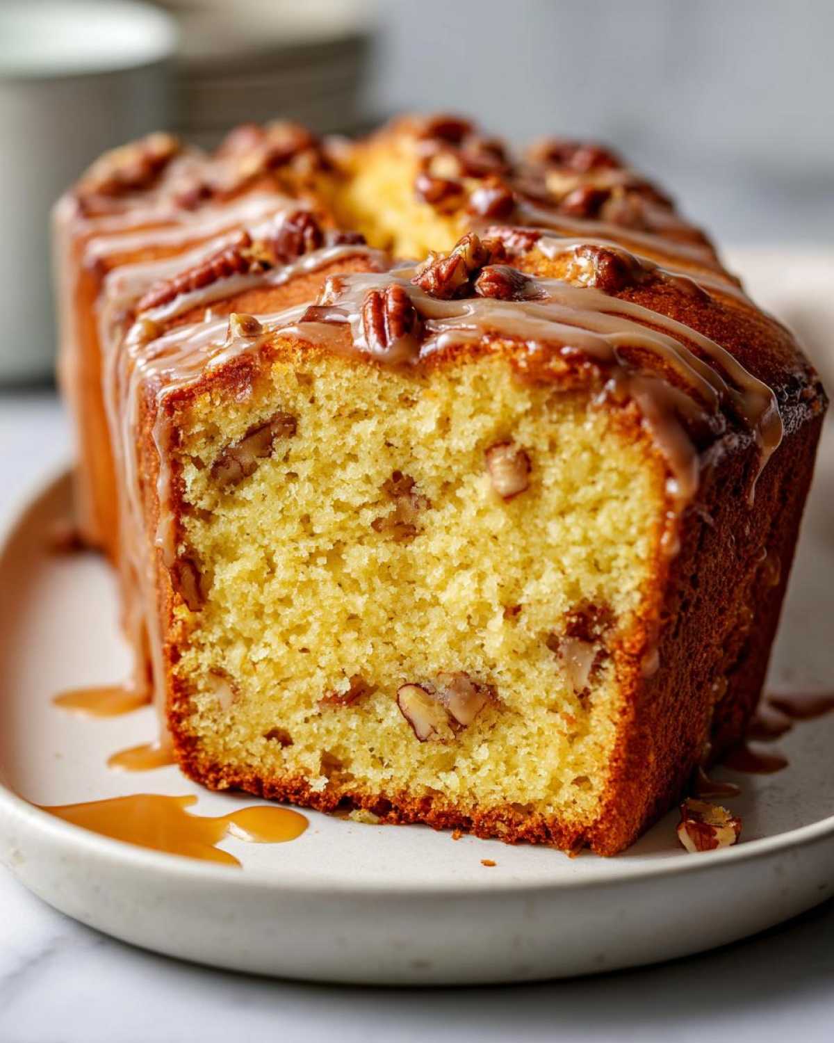 Close-up of a slice of Delicious Butter Pecan Pound Cake drizzled with caramel icing and topped with pecans.