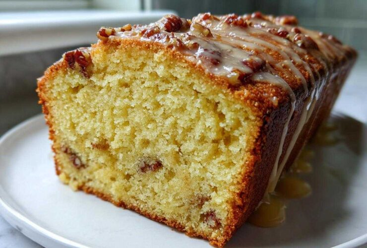 Close-up of a moist slice of Delicious Butter Pecan Pound Cake topped with a pecan glaze drizzle.