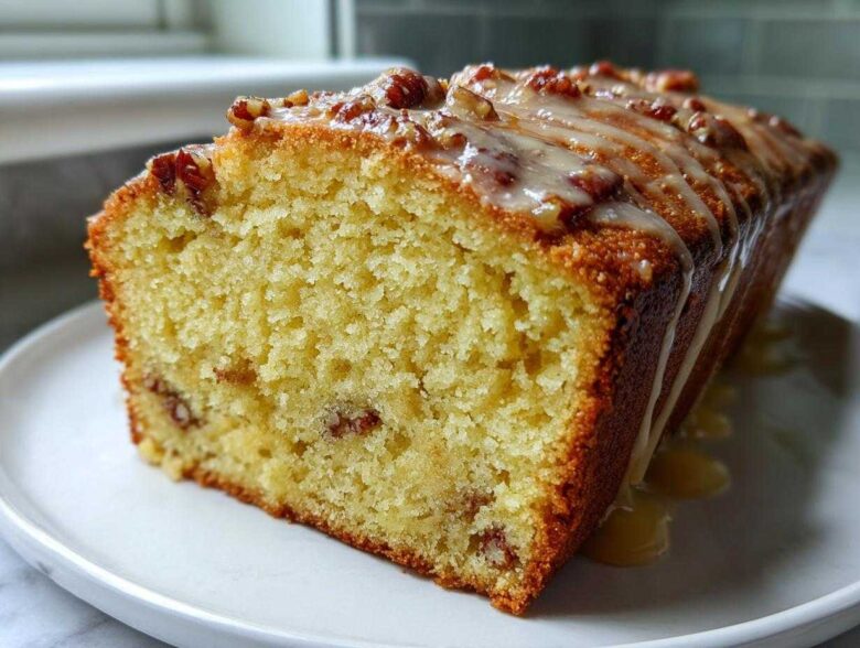 Close-up of a moist slice of Delicious Butter Pecan Pound Cake topped with a pecan glaze drizzle.