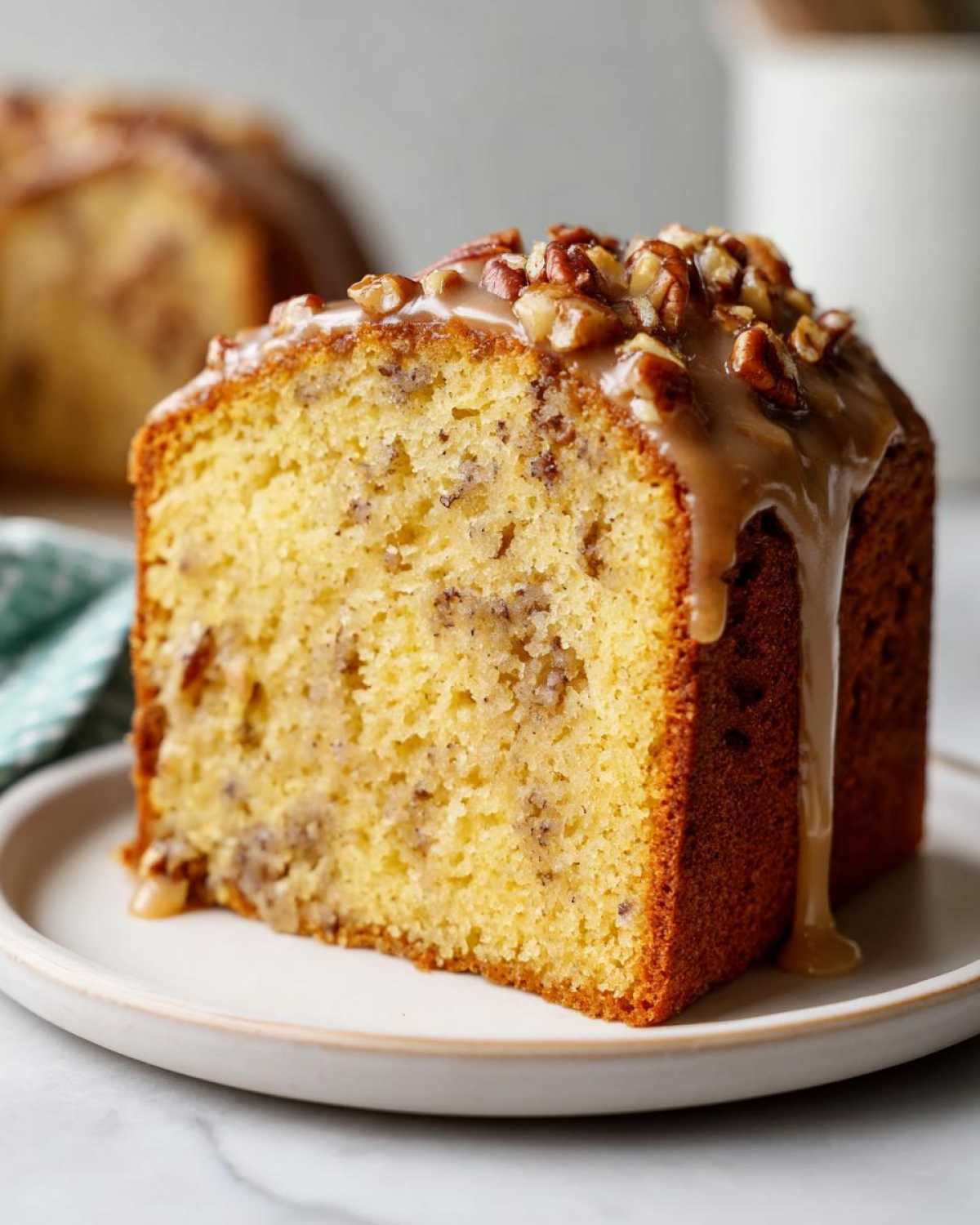 A thick slice of Delicious Butter Pecan Pound Cake topped with a rich caramel glaze and chopped pecans.