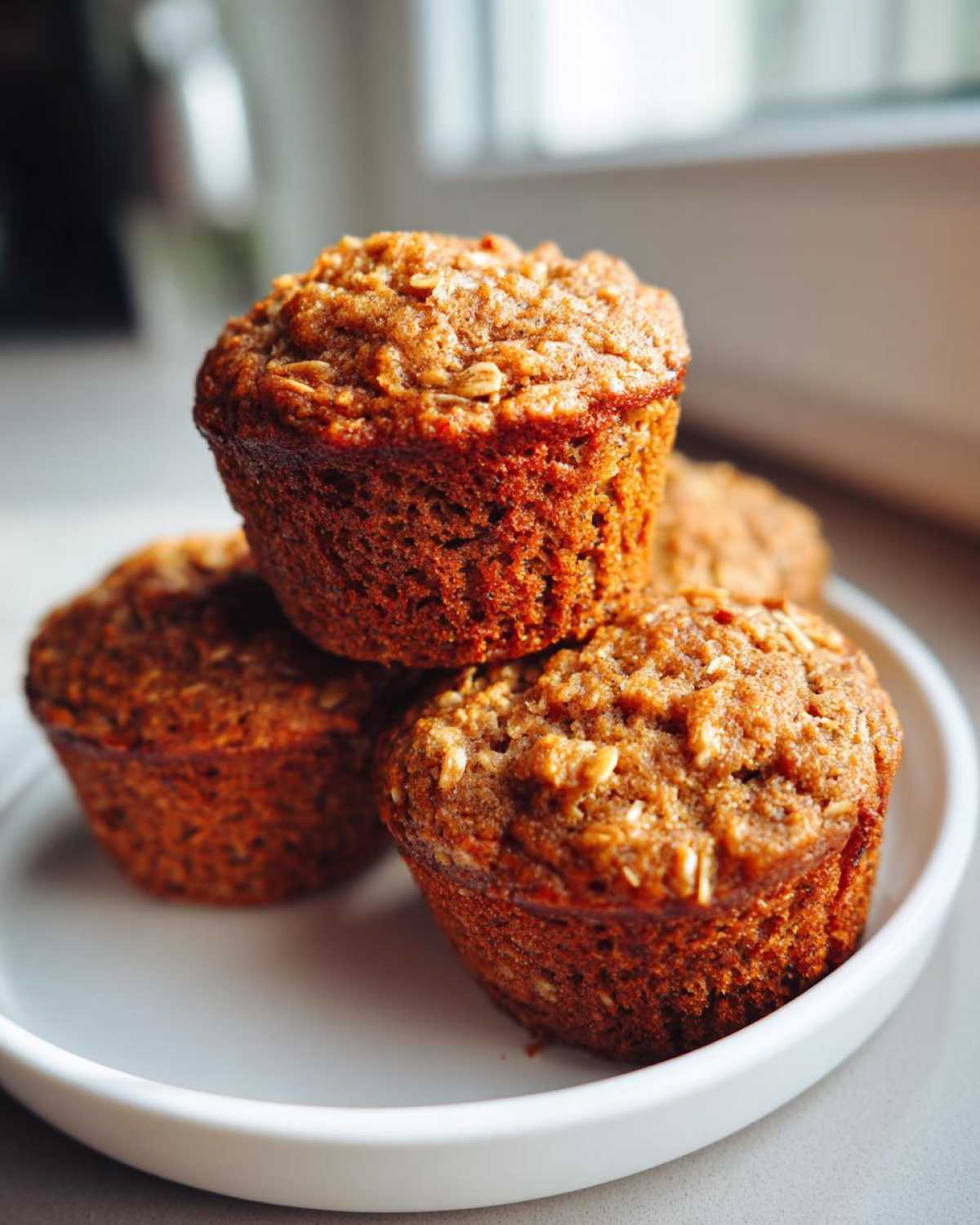 A close-up of three Delicious Healthy Banana Oatmeal Muffins stacked on a white plate near a window.
