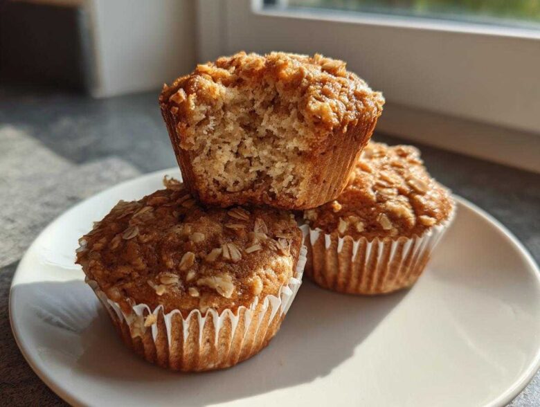 Three Delicious Healthy Banana Oatmeal Muffins stacked on a white plate, one muffin is broken open showing the texture.