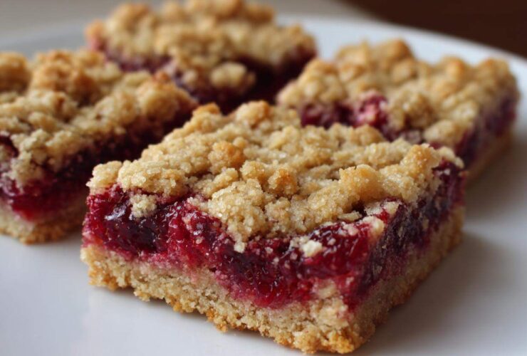 Close-up of three delicious Raspberry Crumb Bars showing the thick, bright red raspberry filling and crumbly oat topping.