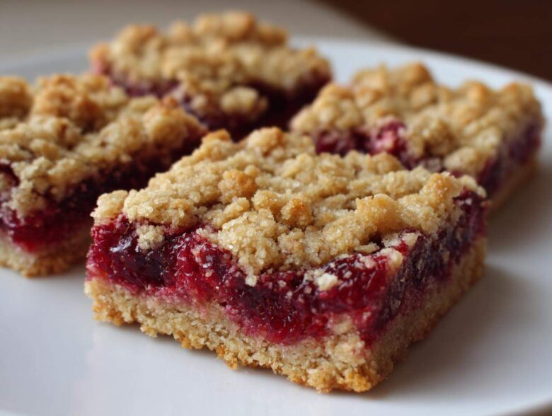 Close-up of three delicious Raspberry Crumb Bars showing the thick, bright red raspberry filling and crumbly oat topping.