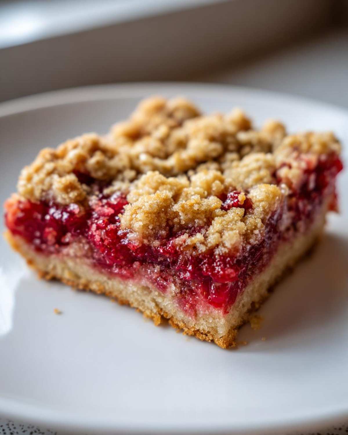 Close-up of a single square slice of delicious raspberry crumb bars showing the thick fruit filling and crumb topping.