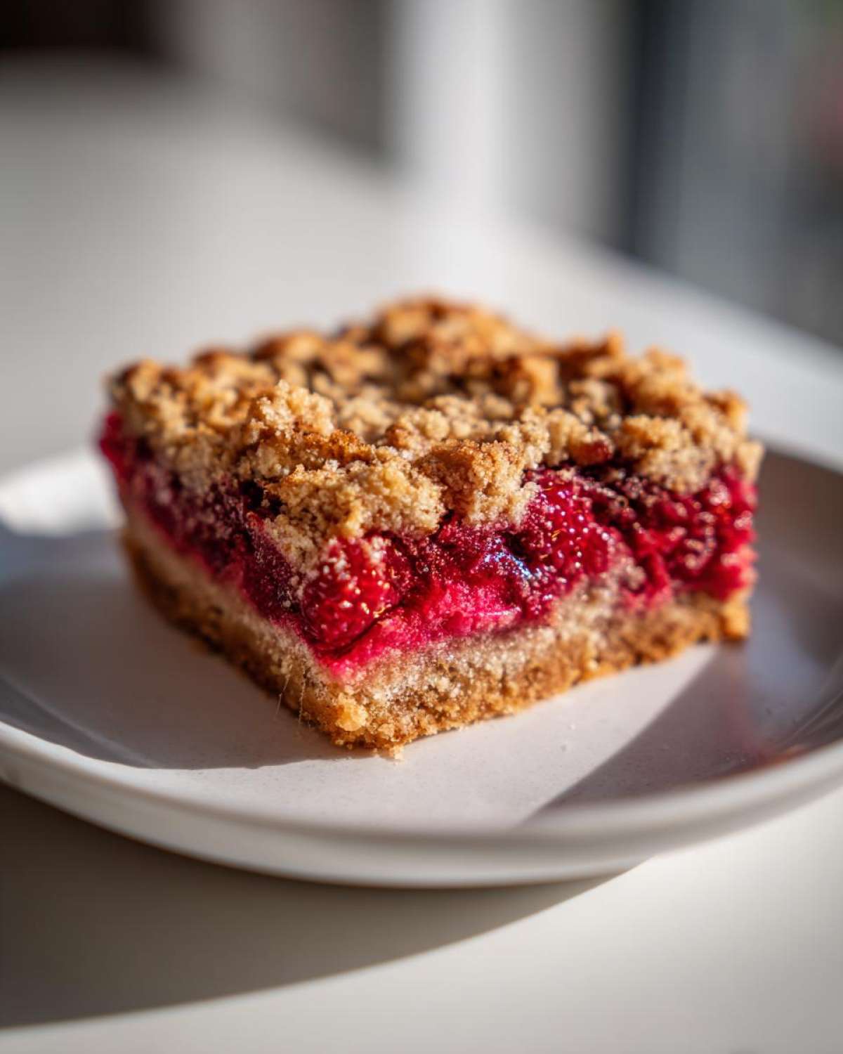 A close-up of a single square of delicious Raspberry Crumb Bars showing the thick raspberry filling and crumb topping.