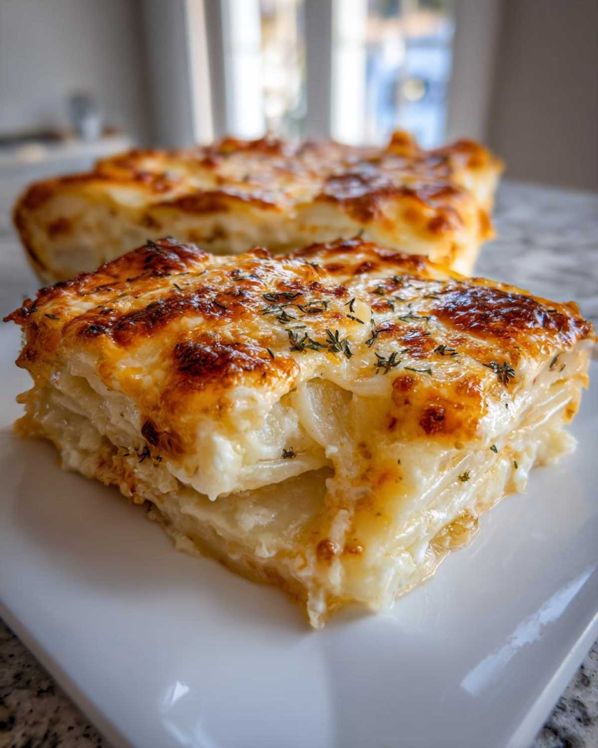 A close-up slice of creamy Easter Scalloped Potatoes with a richly browned, cheesy top sprinkled with herbs.
