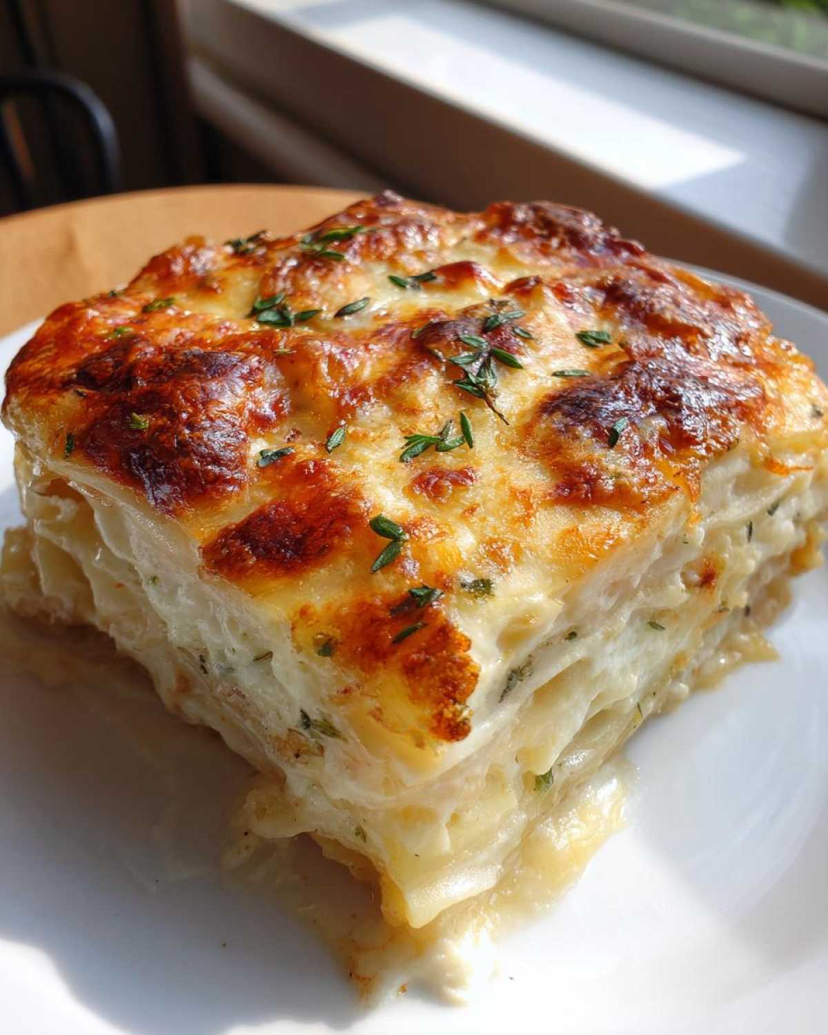 A square slice of rich Easter Scalloped Potatoes showing layers of creamy potatoes and a bubbly, browned cheese topping.