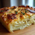 A thick, perfectly baked slice of Easter Scalloped Potatoes showing layers of creamy potatoes and a browned, cheesy crust garnished with thyme.