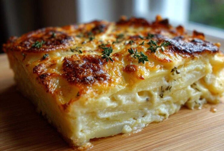 A thick, perfectly baked slice of Easter Scalloped Potatoes showing layers of creamy potatoes and a browned, cheesy crust garnished with thyme.