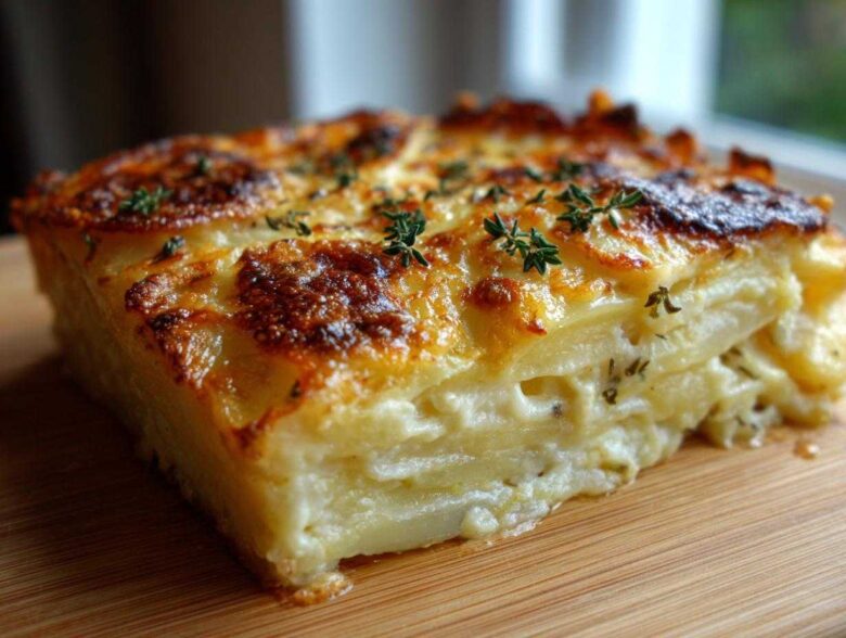A thick, perfectly baked slice of Easter Scalloped Potatoes showing layers of creamy potatoes and a browned, cheesy crust garnished with thyme.