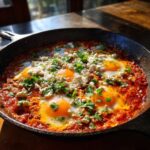 Close-up of Fathers Day Shakshuka with bright orange yolks, topped with feta and cilantro in a dark cast iron skillet.