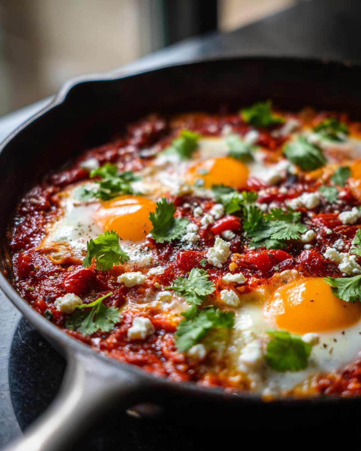 Close-up of rich, red Fathers Day Shakshuka with sunny-side-up eggs, feta, and cilantro in a dark skillet.