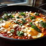 Close-up of a bubbling Fathers Day Shakshuka with eggs, feta cheese, and cilantro in a dark skillet.