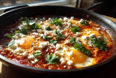 Close-up of a bubbling Fathers Day Shakshuka with eggs, feta cheese, and cilantro in a dark skillet.