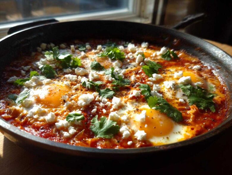 Close-up of a bubbling Fathers Day Shakshuka with eggs, feta cheese, and cilantro in a dark skillet.