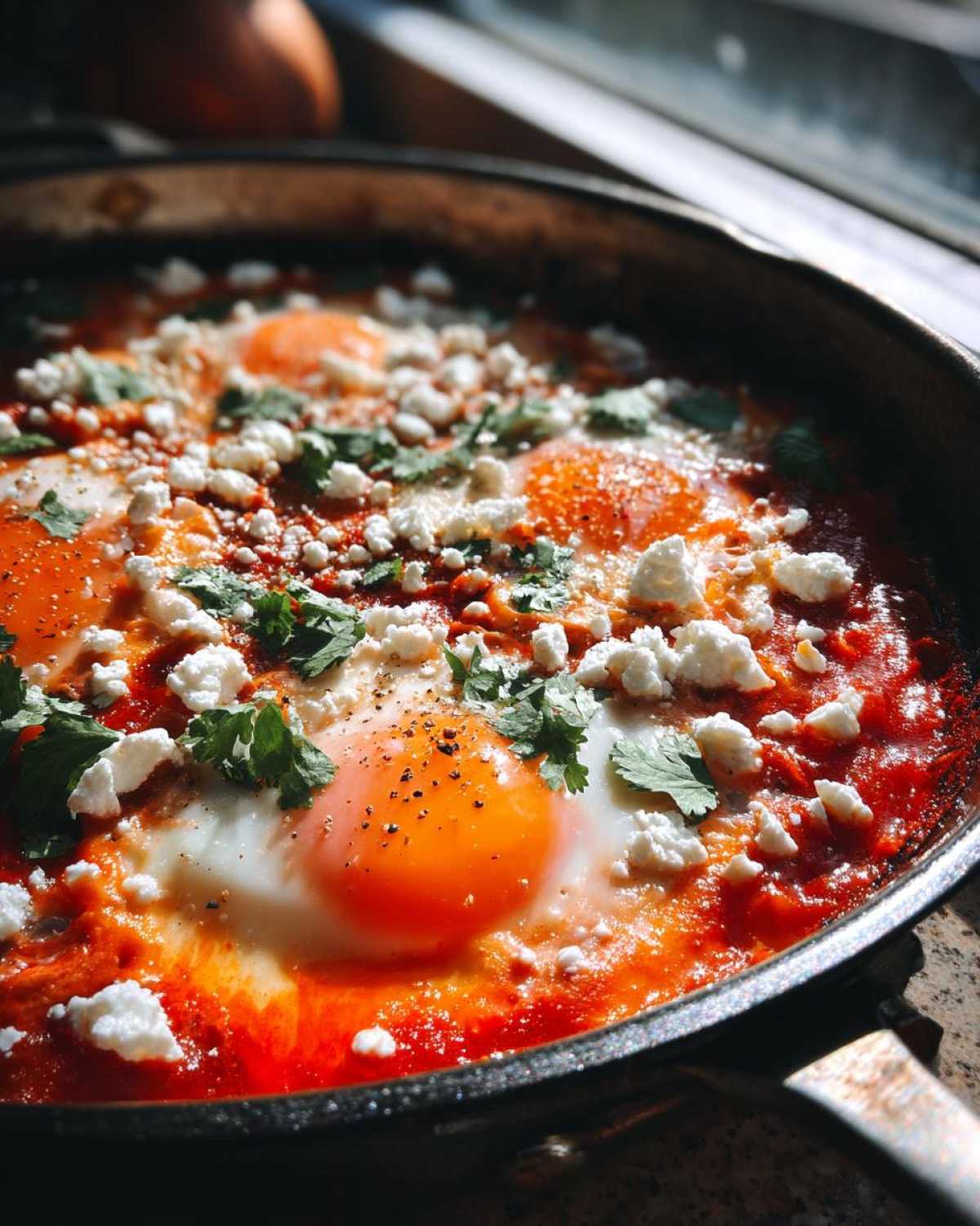 Close-up of a rich, red Fathers Day Shakshuka in a skillet, topped with bright orange egg yolks, crumbled feta, and fresh cilantro.