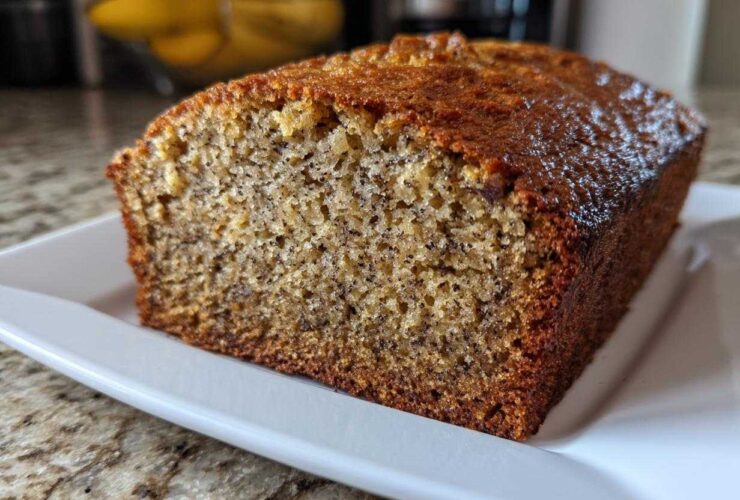 Close-up of a slice of moist Favorite Banana Bread showing the dark, speckled interior and caramelized top crust.