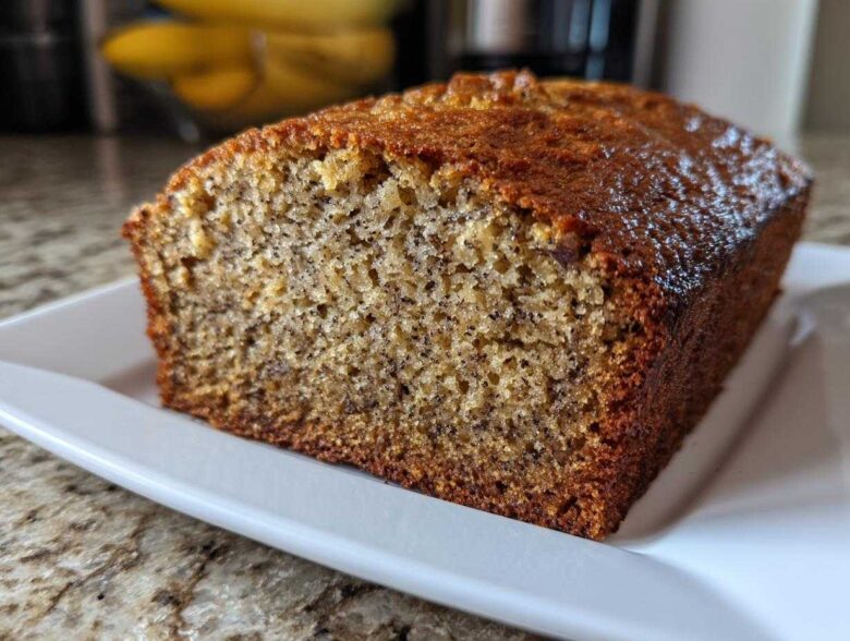 Close-up of a slice of moist Favorite Banana Bread showing the dark, speckled interior and caramelized top crust.