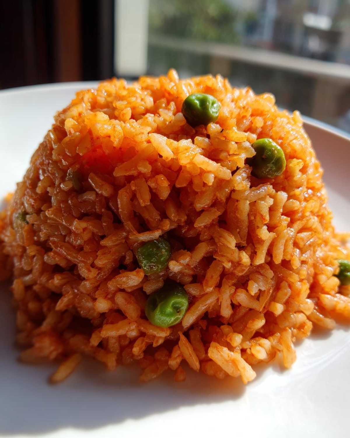A close-up of fluffy, orange-red Authentic Mexican Rice molded into a dome shape, garnished with bright green peas.