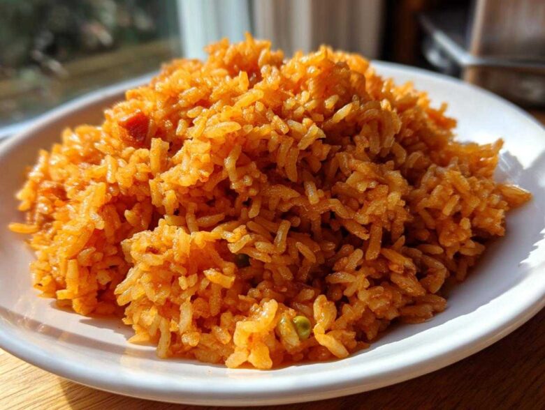 A close-up, featured image of a mound of fluffy Authentic Mexican Rice, bright orange-red, served on a white plate.