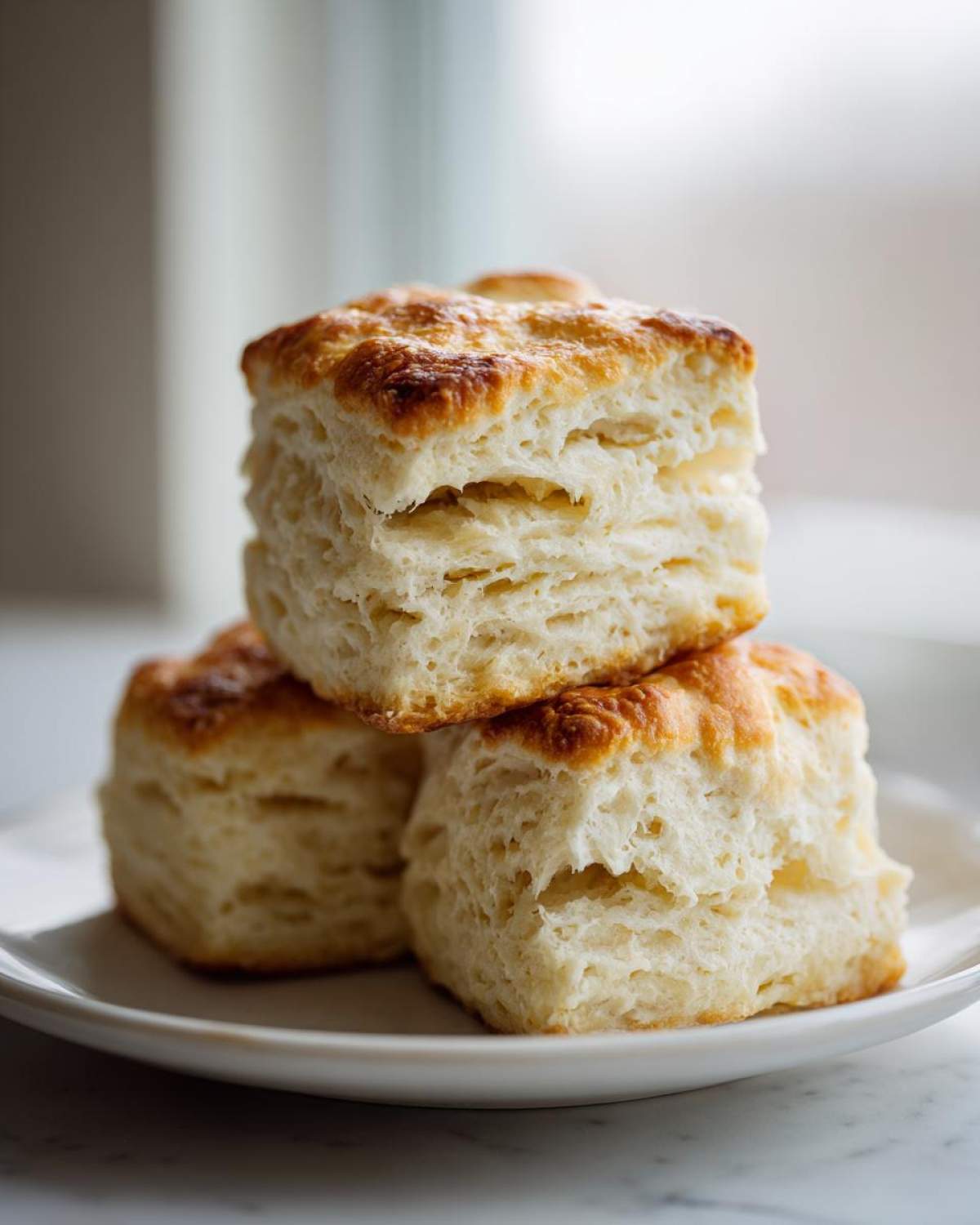 Three flaky, square Buttermilk Biscuits stacked on a white plate, showing their layered interior.