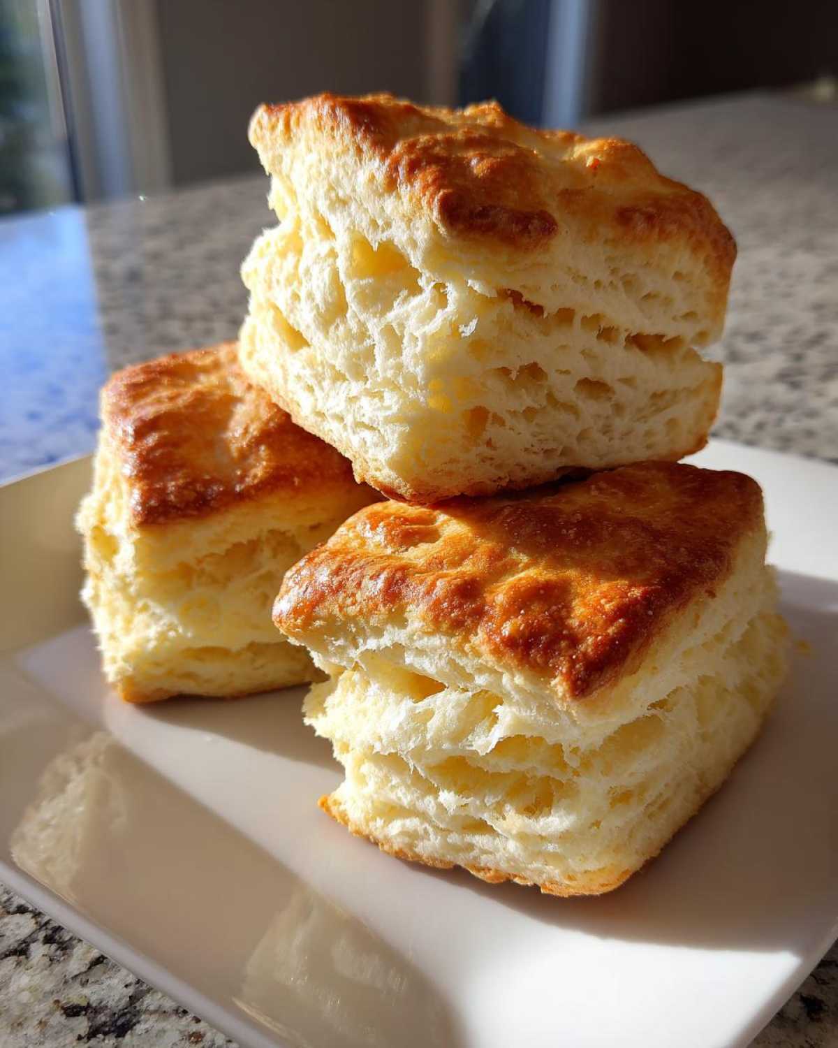 Three tall, flaky Buttermilk Biscuits stacked on a white plate, showing golden tops and layered interiors.